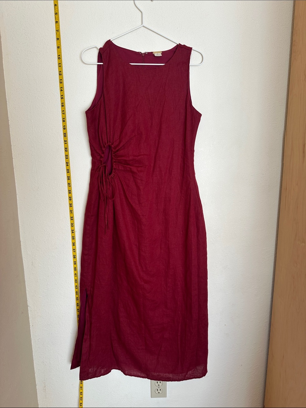 Magaschoni 100% linen Sleeveless Wine-Red Midi Dress with Side Ring Detail